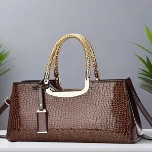 Brown and Gold Crocodile-Embossed Satchel with Structured Design